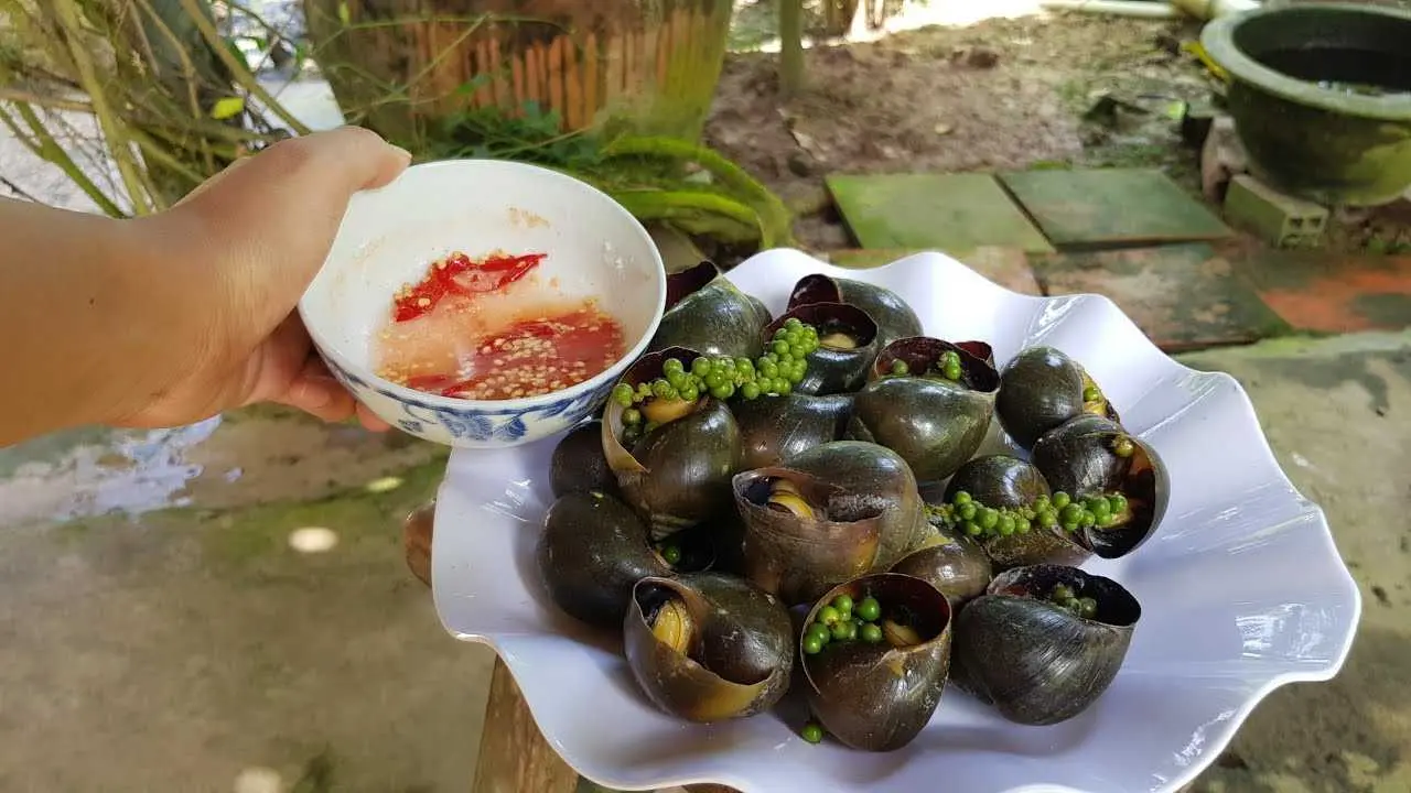 Kh&aacute;m ph&aacute; đặc sản Ốc bươu nướng ti&ecirc;u xanh Cần Thơ cực thơm ngon 2