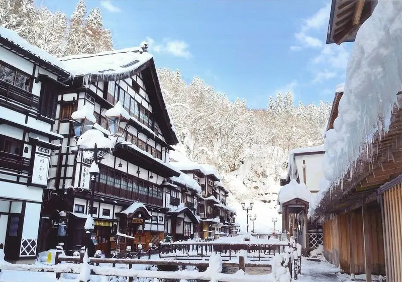 Ginzan Onsen thị trấn suối nước nóng cổ tích mùa đông Nhật Bản 7